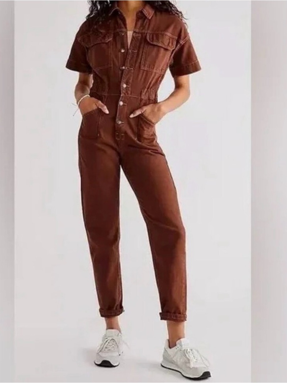 We The Free Brown Short-Sleeve Denim Utility Jumpsuit